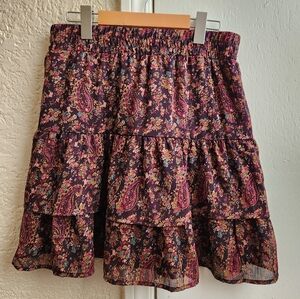 Tiered Paisley Floral Skirt in Black and Pink